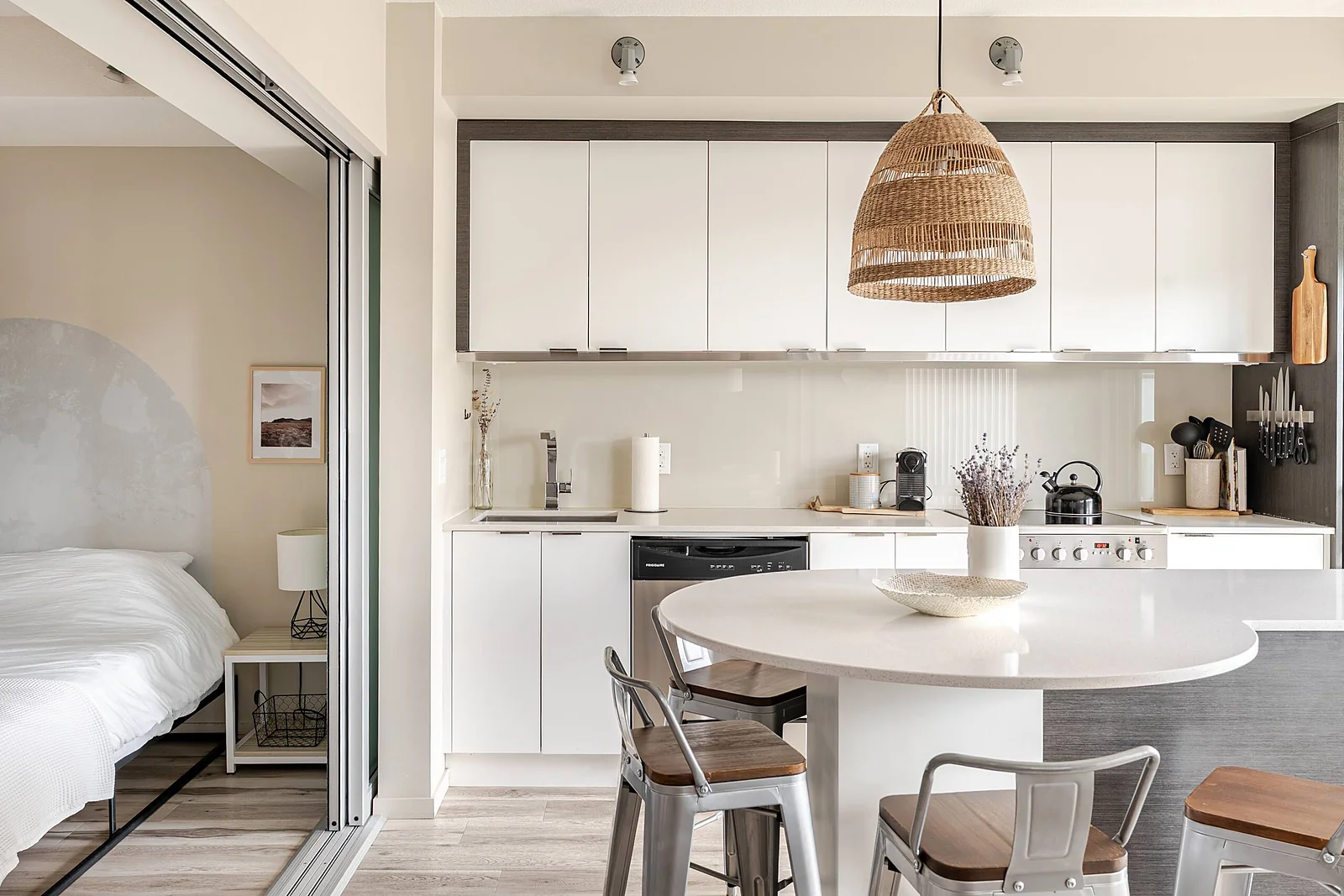Vancouver rental unit photographed to show the full living and kitchen area
