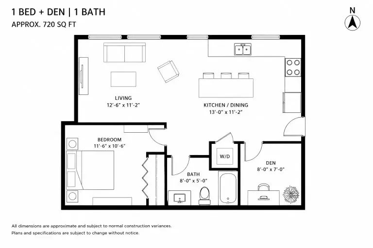 Measured 2D floor plan of a one-bedroom home with a den