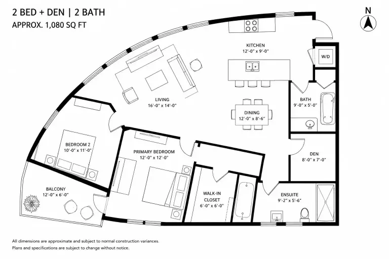 Measured 2D floor plan of a two-bedroom home with a den