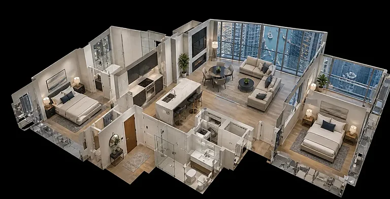 Dollhouse view of a condo from a 3D Interactive Tour