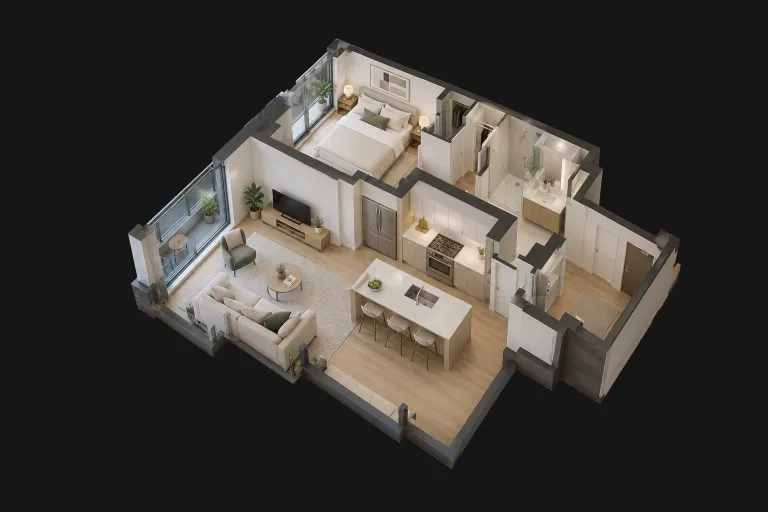 Matterport-style dollhouse scan of a condo interior with rooms visible from above