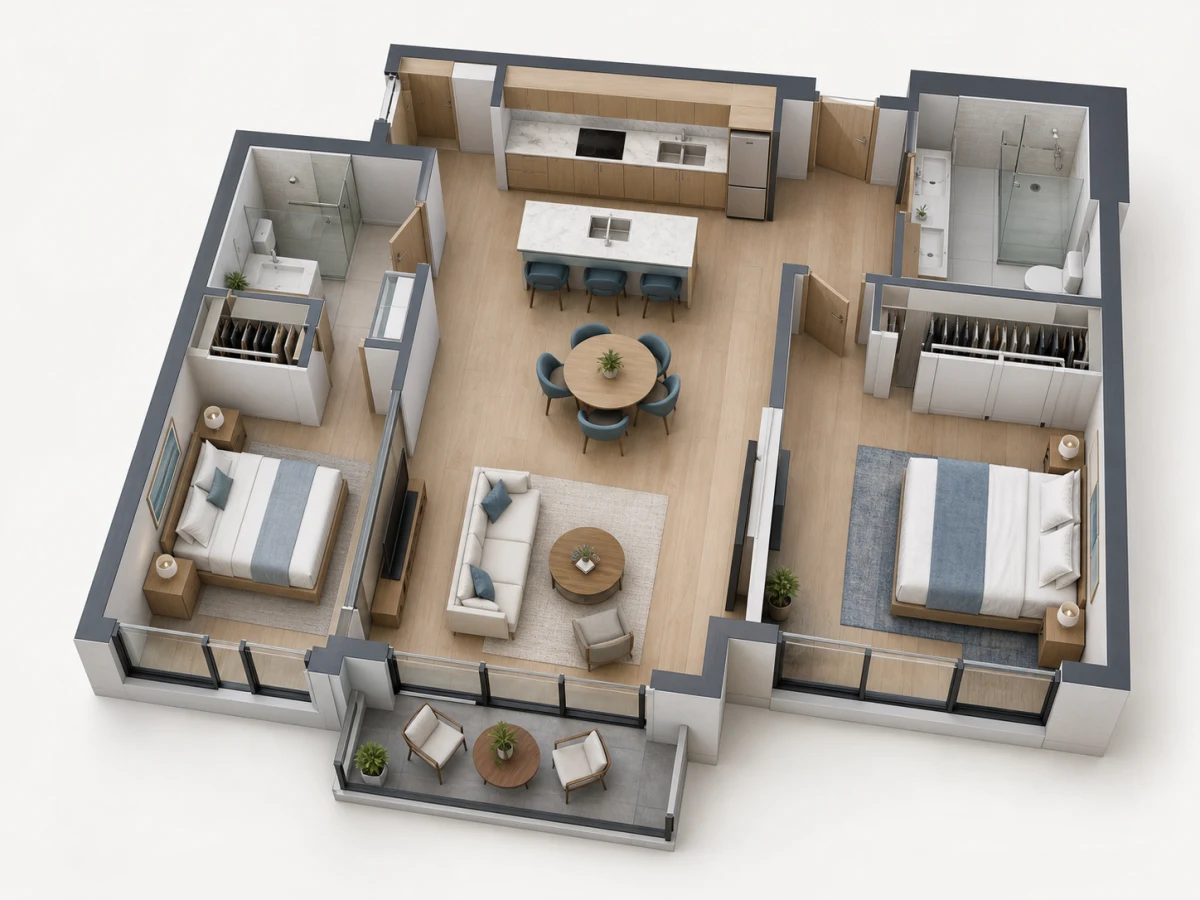 3D Floor Plan showing furniture scale and room relationships