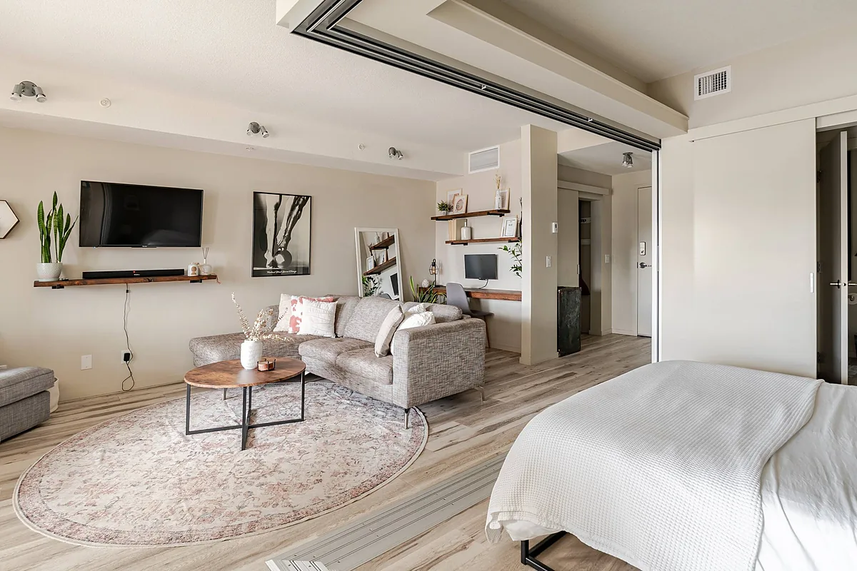 Compact studio suite photographed for a short-term rental listing