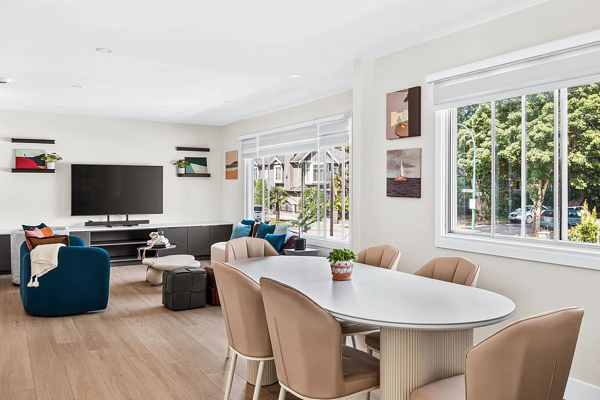 Open-plan short-term rental interior photographed for an Airbnb listing