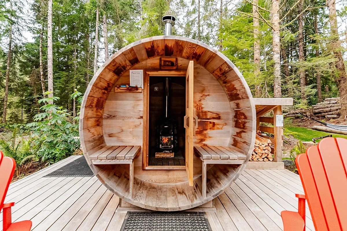 Outdoor sauna at a short-term rental photographed for a listing