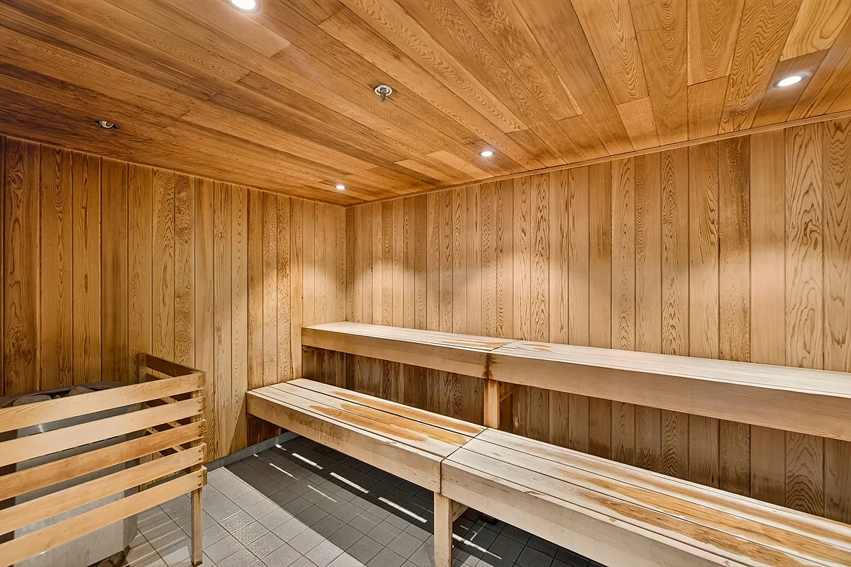 Cedar sauna in a building amenity space, Richmond