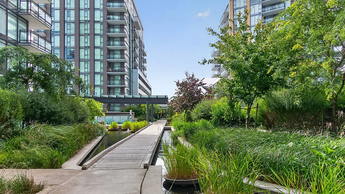 Landscaped walkway between residential towers, Richmond