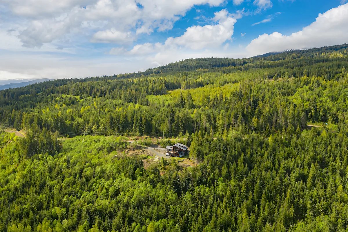 Aerial view of a single home on a forested hillside in British Columbia