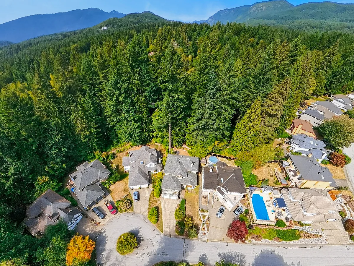 Aerial view of a detached-home subdivision backing onto forest in the Lower Mainland