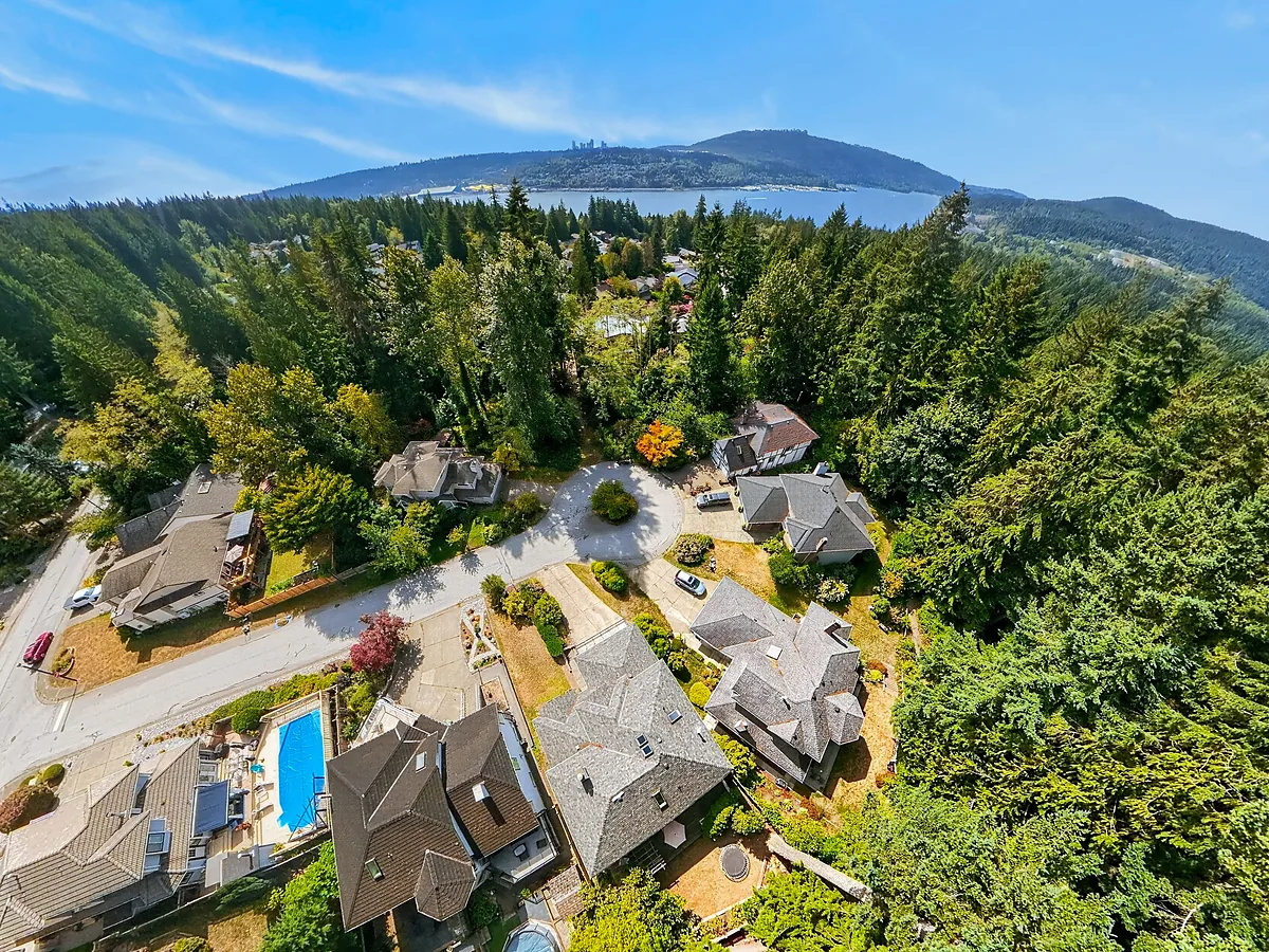 Aerial view across homes and a forested hillside in Port Moody
