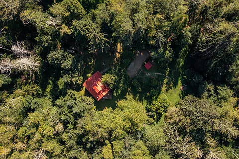 Overhead aerial of a red-roofed property in dense forest