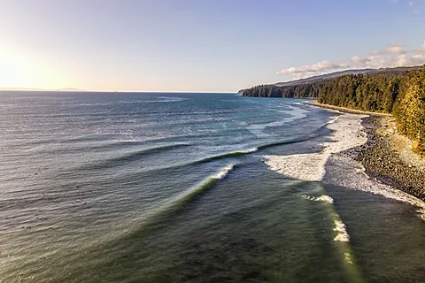 Aerial of surf lines along a forested headland