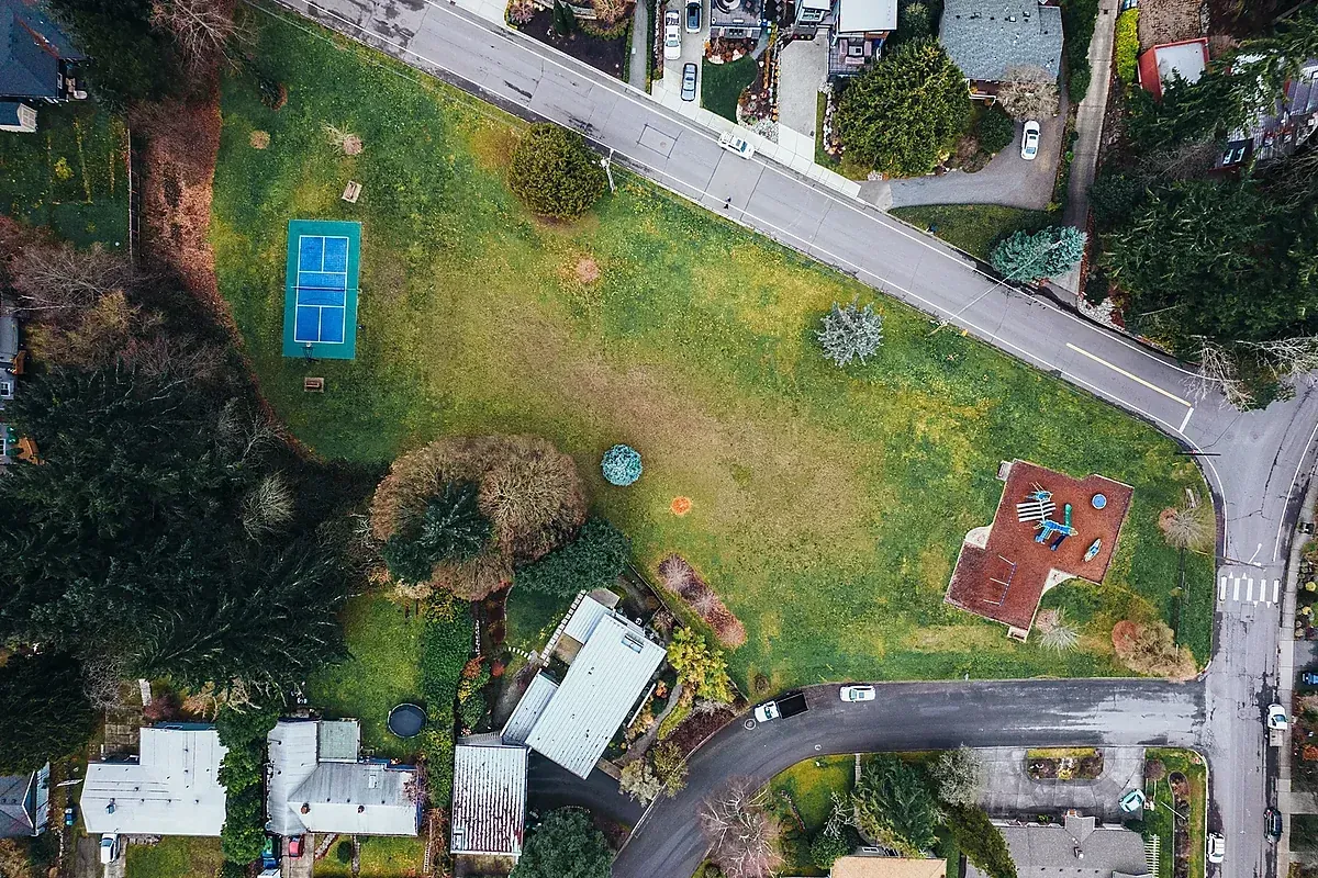 Aerial view of a residential setting from above